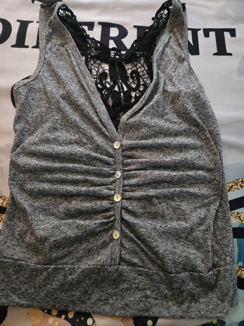 Gray Sleeveless Ruched Front Tank with Lace Back